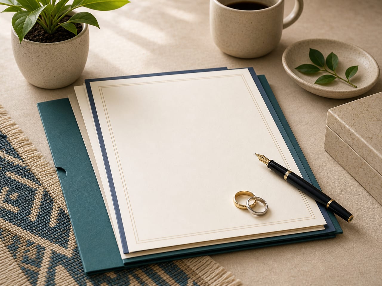 Prenuptial agreement documents with wedding rings and a pen on a warm legal office desk